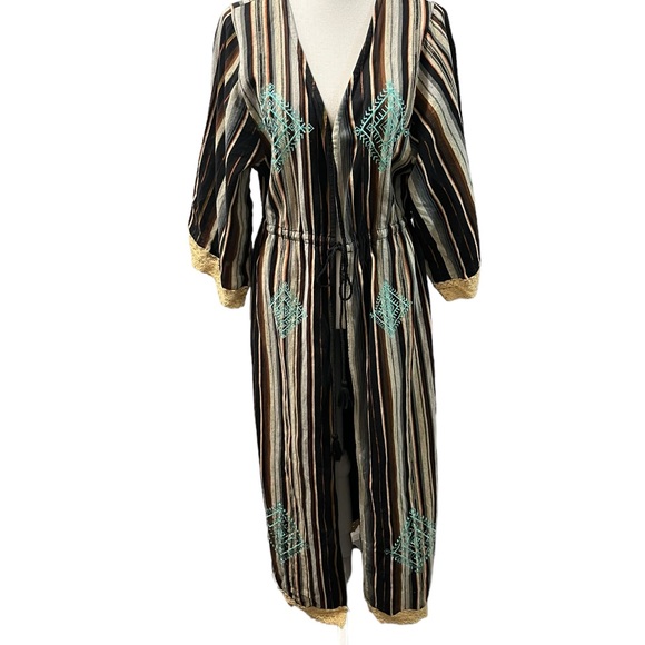Angel + Premium Aztec Bohemian Embroidered Multicolor Lace Trim Duster Jacket S - Picture 2 of 12